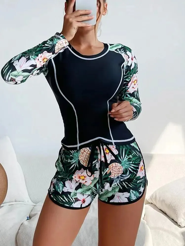 Sexy Womens Designers Bikini New European and American Surfing Long Sleeved Anti Diving Suit Printed Flat Angle Split Conservative Swimwear for Women