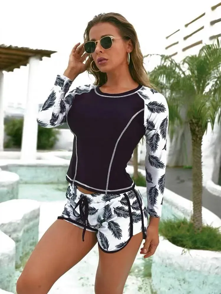 Sexy Womens Designers Bikini New European and American Surfing Long Sleeved Anti Diving Suit Printed Flat Angle Split Conservative Swimwear for Women