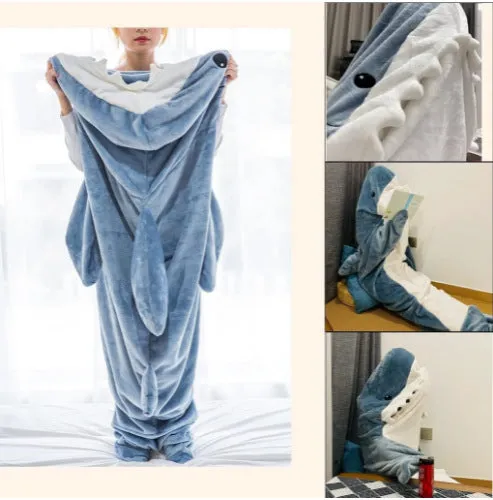 Shark Blanket Adults Flannel Hoodie Sleeping Bag Wearable Loose One Piece Pajamas