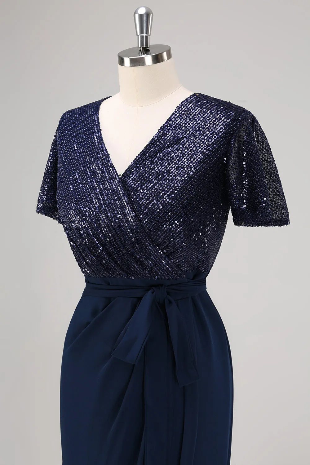 Sparkly Navy Sequined Ruched Wrap Dress with Short Sleeves