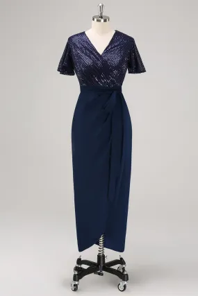 Sparkly Navy Sequined Ruched Wrap Dress with Short Sleeves