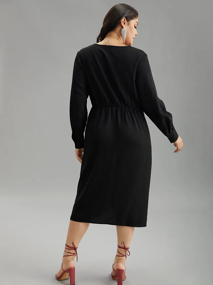 Static-Free Solid Plicated Detail Wrap Dress