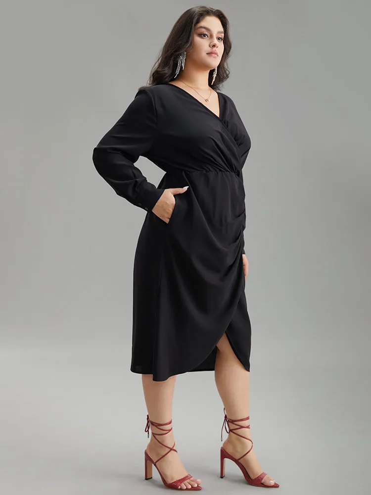 Static-Free Solid Plicated Detail Wrap Dress