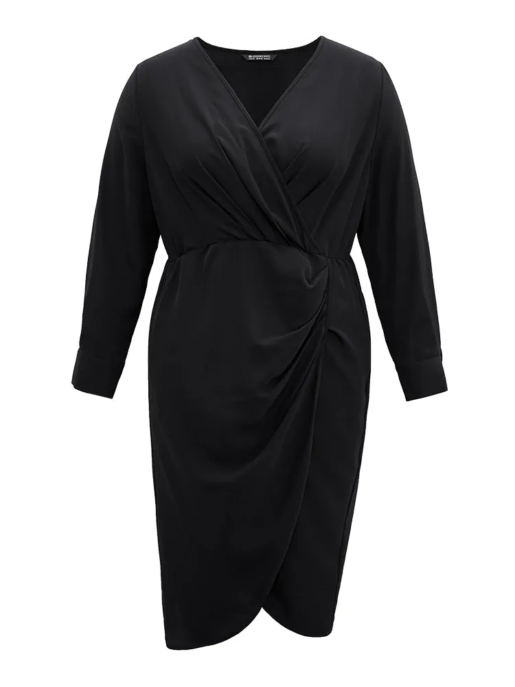 Static-Free Solid Plicated Detail Wrap Dress