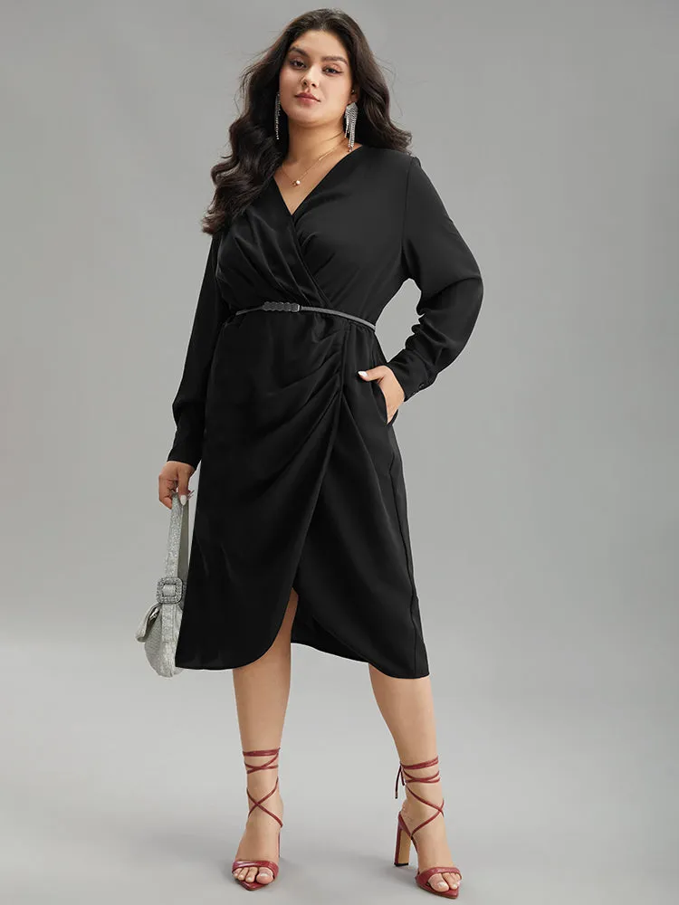 Static-Free Solid Plicated Detail Wrap Dress