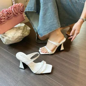 Summer New Fashion Square Sandals Thick Heel Slides Solid Color High-Heeled Slippers Kq8