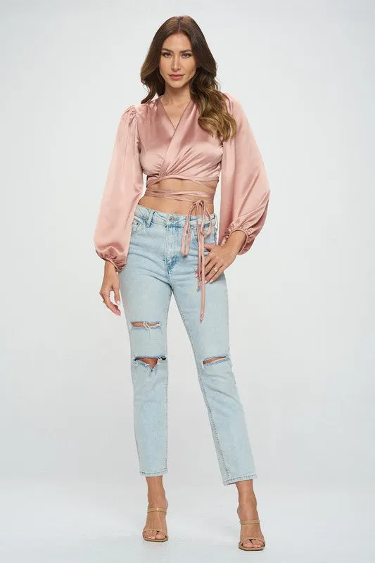 TEEK - Rose Silky Satin Wrap Crop Tied Top