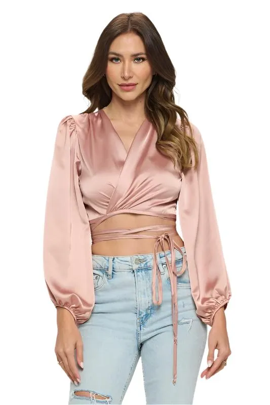 TEEK - Rose Silky Satin Wrap Crop Tied Top