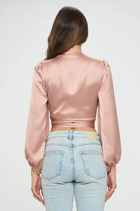 TEEK - Rose Silky Satin Wrap Crop Tied Top