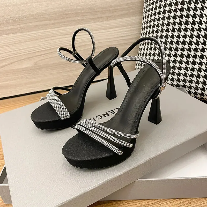 Temperament Round Head High Heel Sandals Waterproof Platform with Fine Heel Water Diamond Ribbon Summer New  Casual Daily Versatile