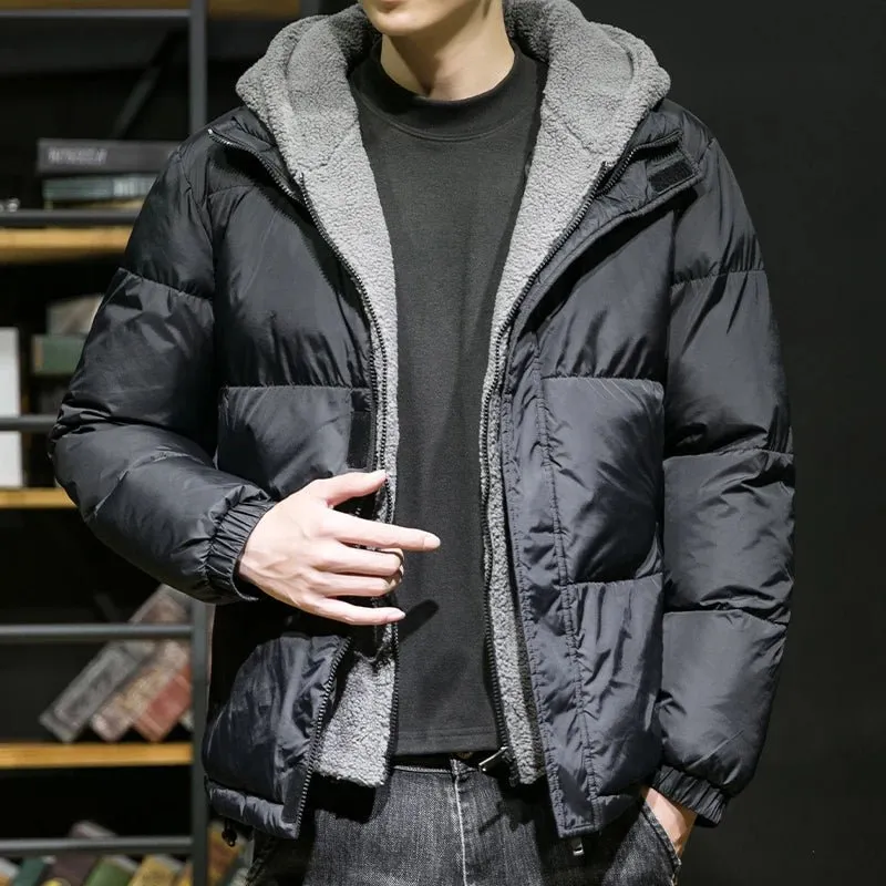 Thicken Warm Cotton Hooded Parka for Men High Quality Winter Outdoor Windproof Jacket in Black Fashion Style