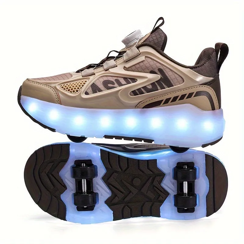 Trendy Cool Low Top Roller Skateboard Shoes With Charging LED Light For Boys, Breathable Anti Slip Wheel Shoes For Indoor Outdoor, All Seasons