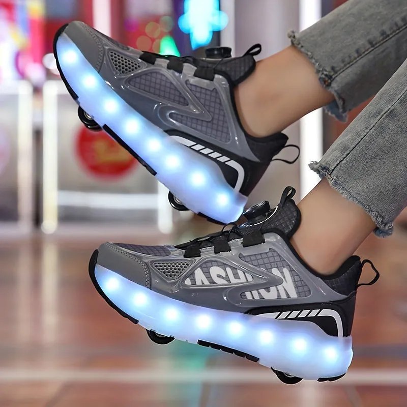 Trendy Cool Low Top Roller Skateboard Shoes With Charging LED Light For Boys, Breathable Anti Slip Wheel Shoes For Indoor Outdoor, All Seasons