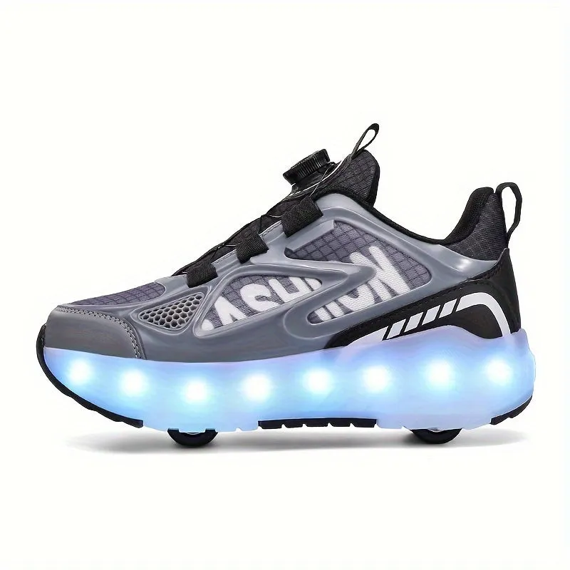 Trendy Cool Low Top Roller Skateboard Shoes With Charging LED Light For Boys, Breathable Anti Slip Wheel Shoes For Indoor Outdoor, All Seasons