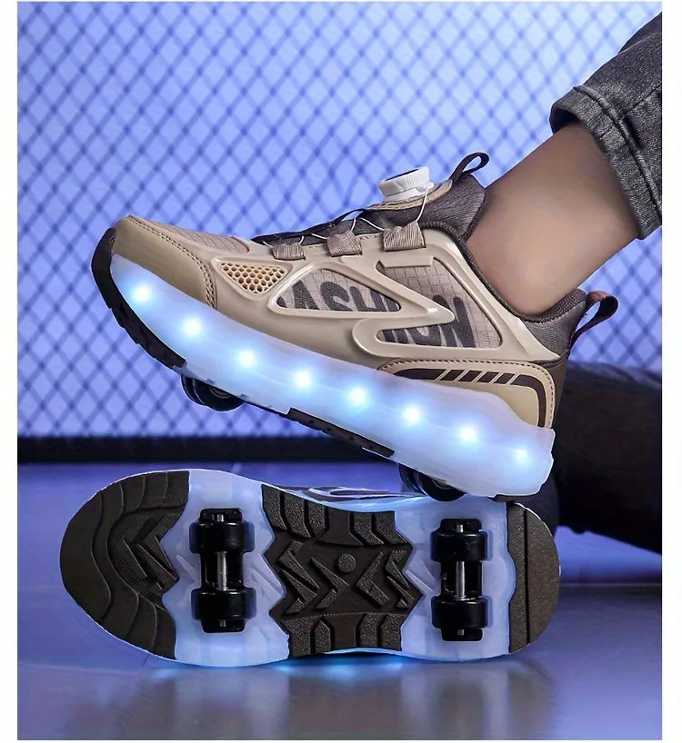 Trendy Cool Low Top Roller Skateboard Shoes With Charging LED Light For Boys, Breathable Anti Slip Wheel Shoes For Indoor Outdoor, All Seasons