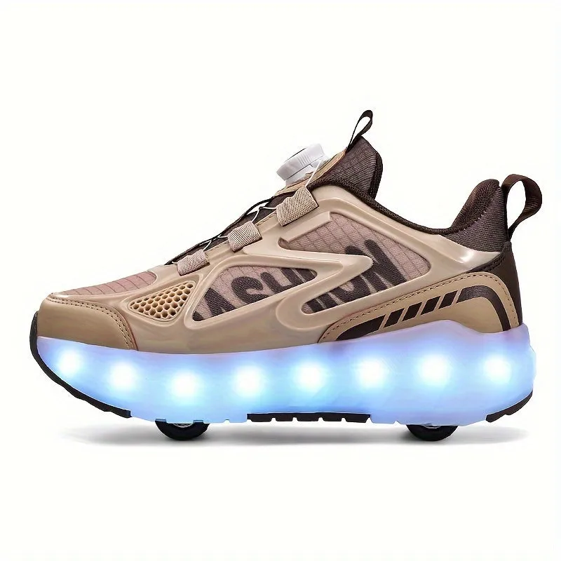 Trendy Cool Low Top Roller Skateboard Shoes With Charging LED Light For Boys, Breathable Anti Slip Wheel Shoes For Indoor Outdoor, All Seasons