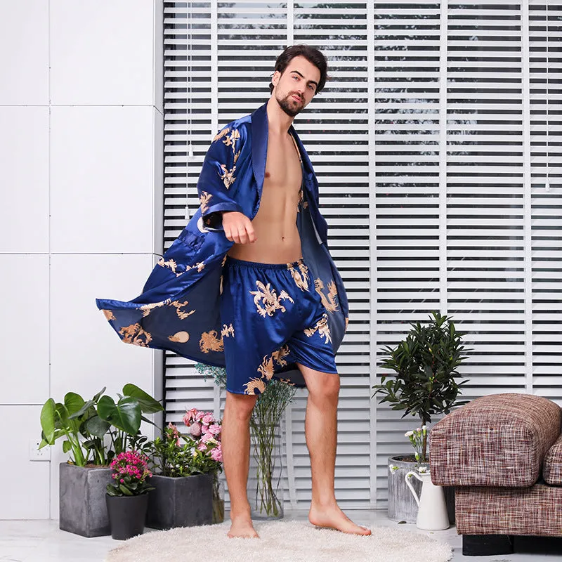 Two-piece Suit Of Dragon Pattern Bathrobe Silk Nightgown And Short Pajama Pants