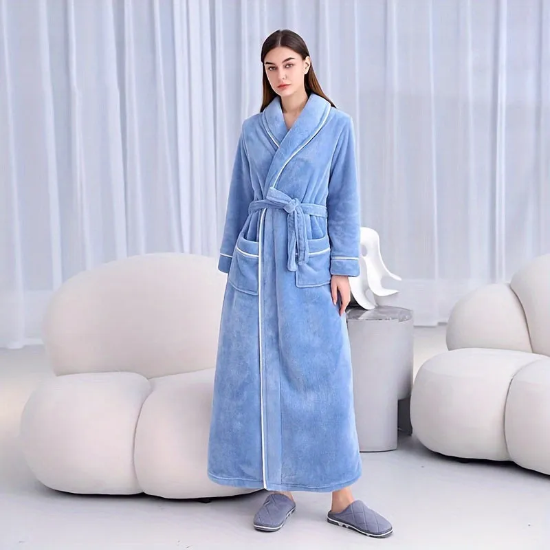 Unisex Extra Long Thick Plush Fleece Bathrobe, Super Soft Breathable Warm Flannel Spa Robe with Shawl Collar, Couples Matching Winter Home Wear, Non-Shedding Anti-Static, Machine Washable - Space Theme