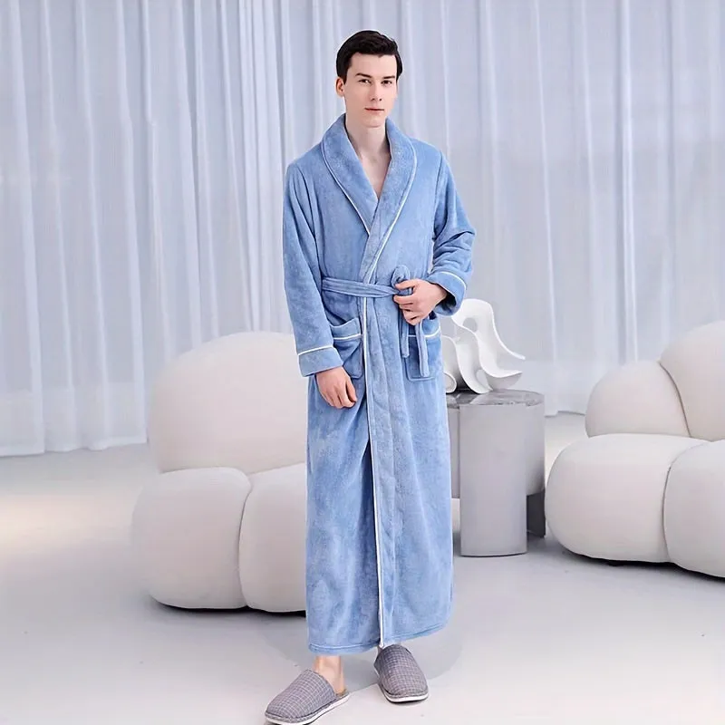 Unisex Extra Long Thick Plush Fleece Bathrobe, Super Soft Breathable Warm Flannel Spa Robe with Shawl Collar, Couples Matching Winter Home Wear, Non-Shedding Anti-Static, Machine Washable - Space Theme