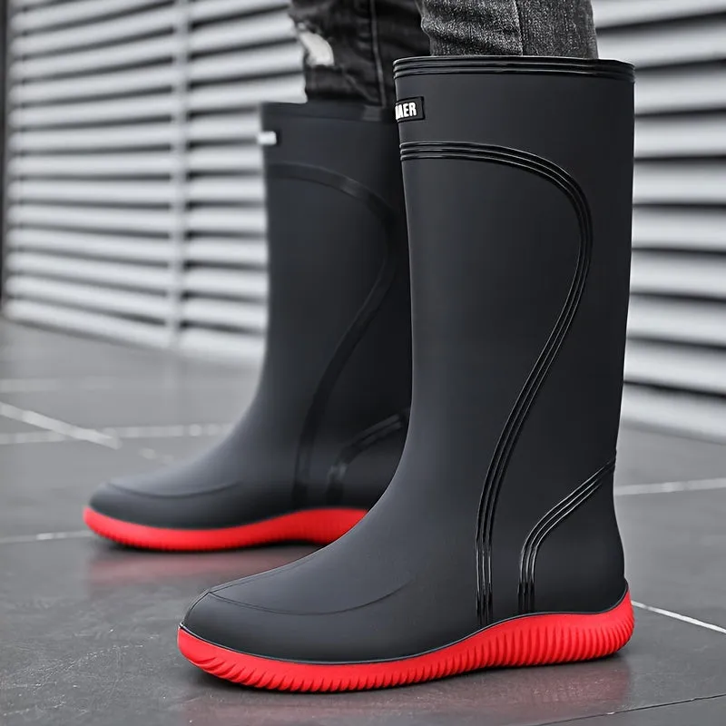 Universal Fit Solid Color Durable Waterproof High-Top Rain Boots - PVC Upper, Fabric Lining, Non-Slip PVC Sole, Slip-On Closure, Fabric Insole