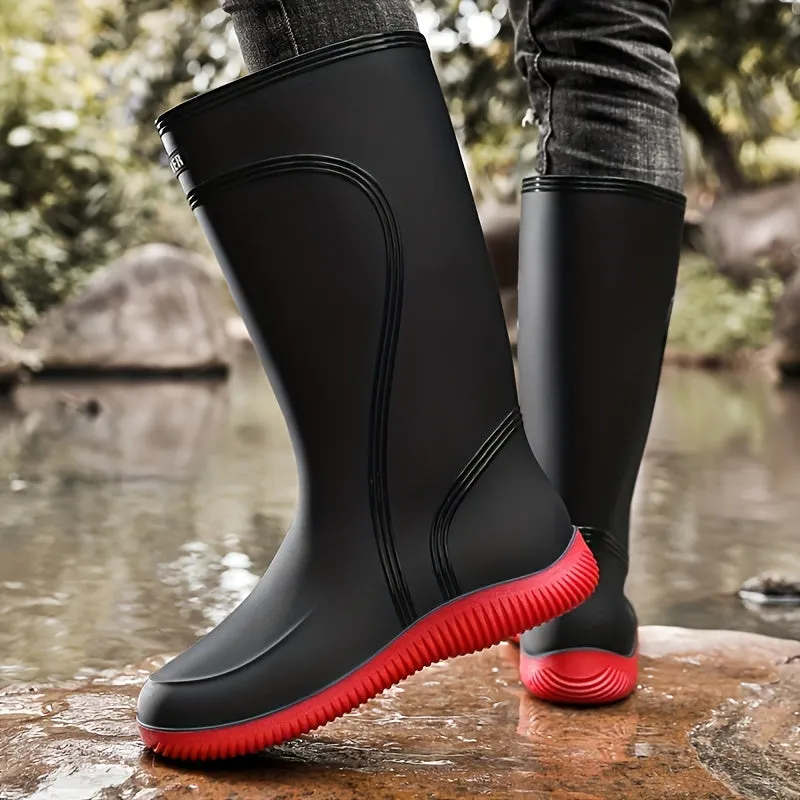 Universal Fit Solid Color Durable Waterproof High-Top Rain Boots - PVC Upper, Fabric Lining, Non-Slip PVC Sole, Slip-On Closure, Fabric Insole