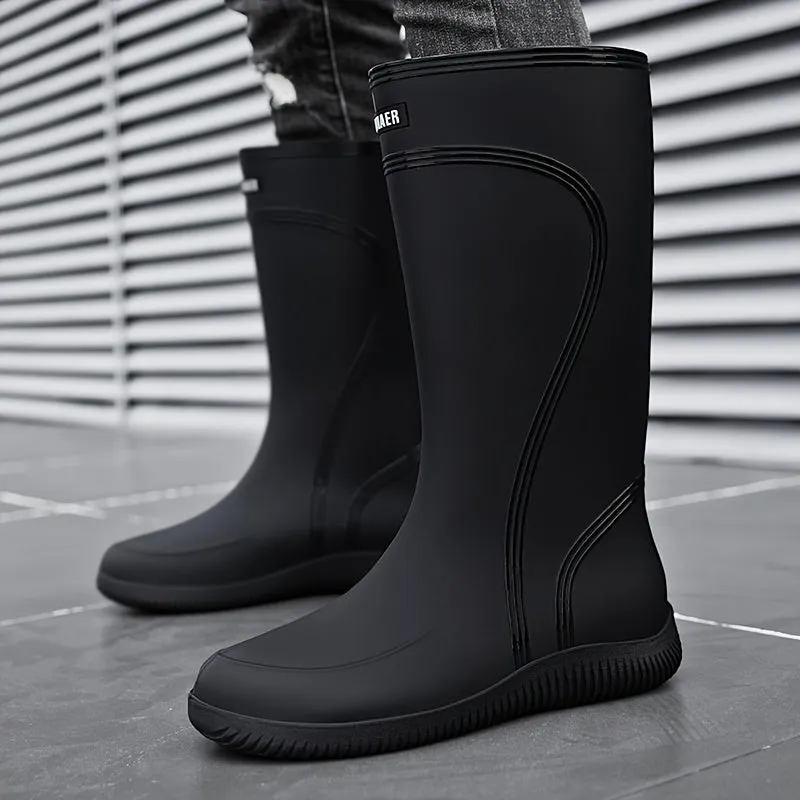 Universal Fit Solid Color Durable Waterproof High-Top Rain Boots - PVC Upper, Fabric Lining, Non-Slip PVC Sole, Slip-On Closure, Fabric Insole