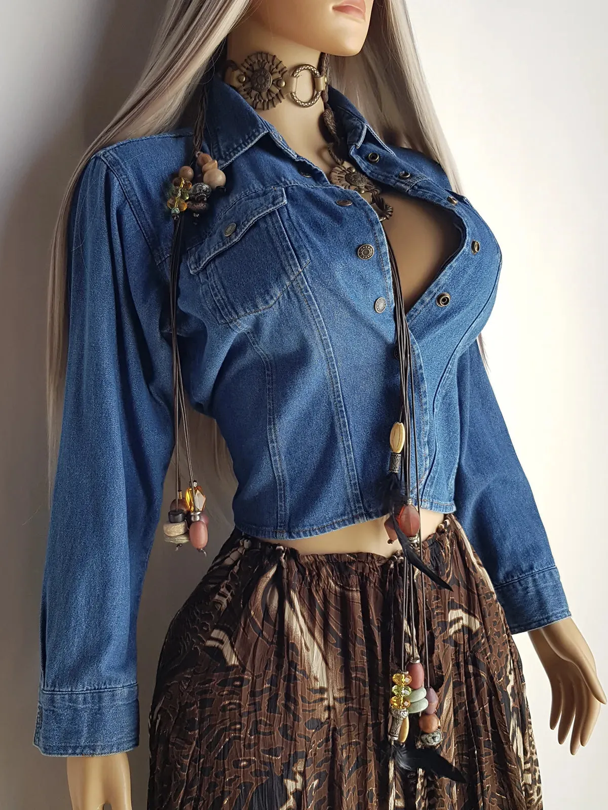 Vintage Cowgirl Cropped Denim Jacket / Blouse in Heavy Tailored Blue Denim - Collared with Button Front & Panelling for an Hourglass Fit