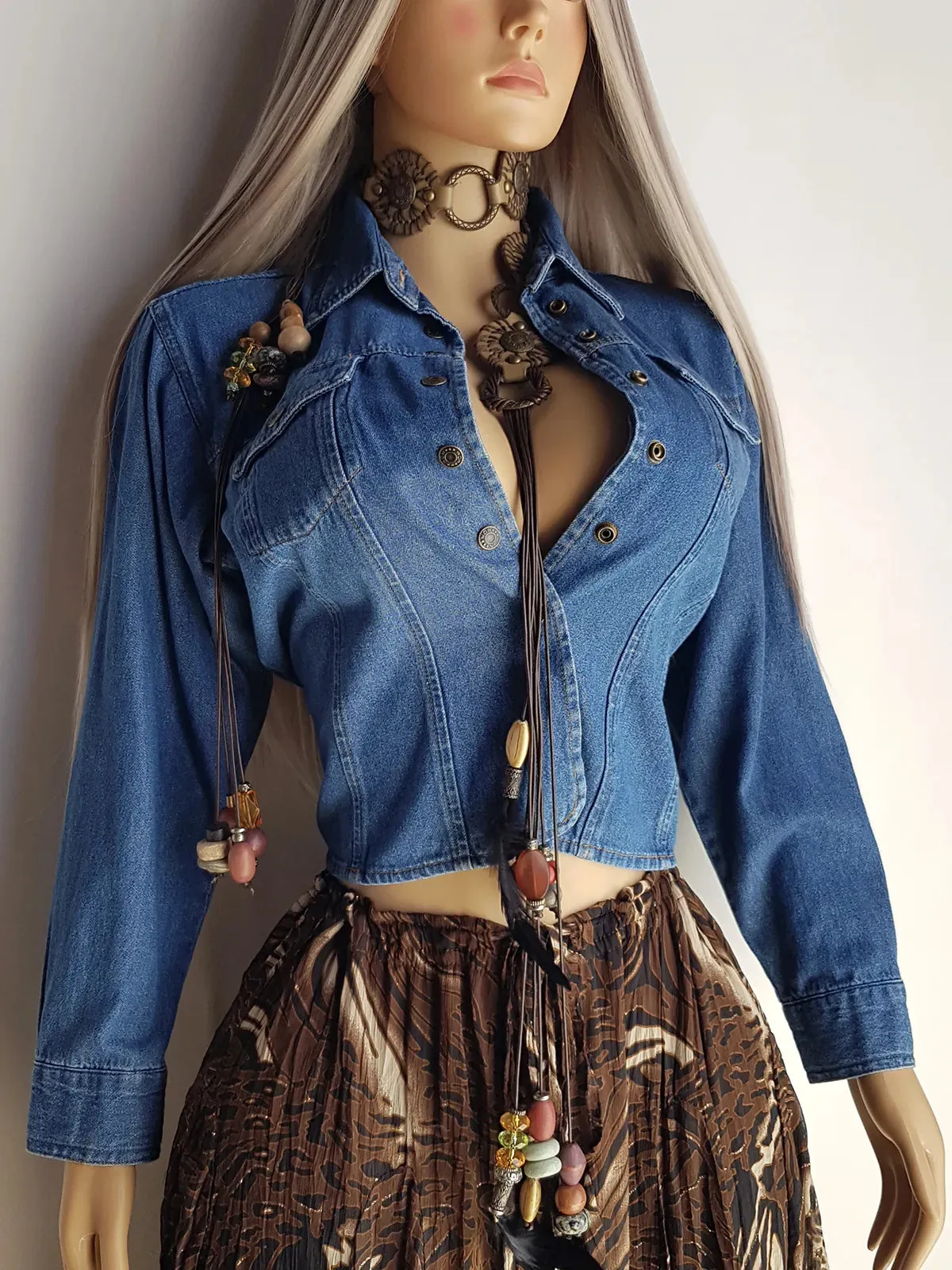 Vintage Cowgirl Cropped Denim Jacket / Blouse in Heavy Tailored Blue Denim - Collared with Button Front & Panelling for an Hourglass Fit