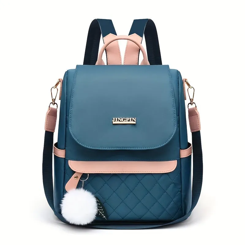 Waterproof Quilted Backpack Purse for Women - Stylish Flap Design with Fun Pompoms, Perfect for Travel & Casual Wear, Spacious Bookbag