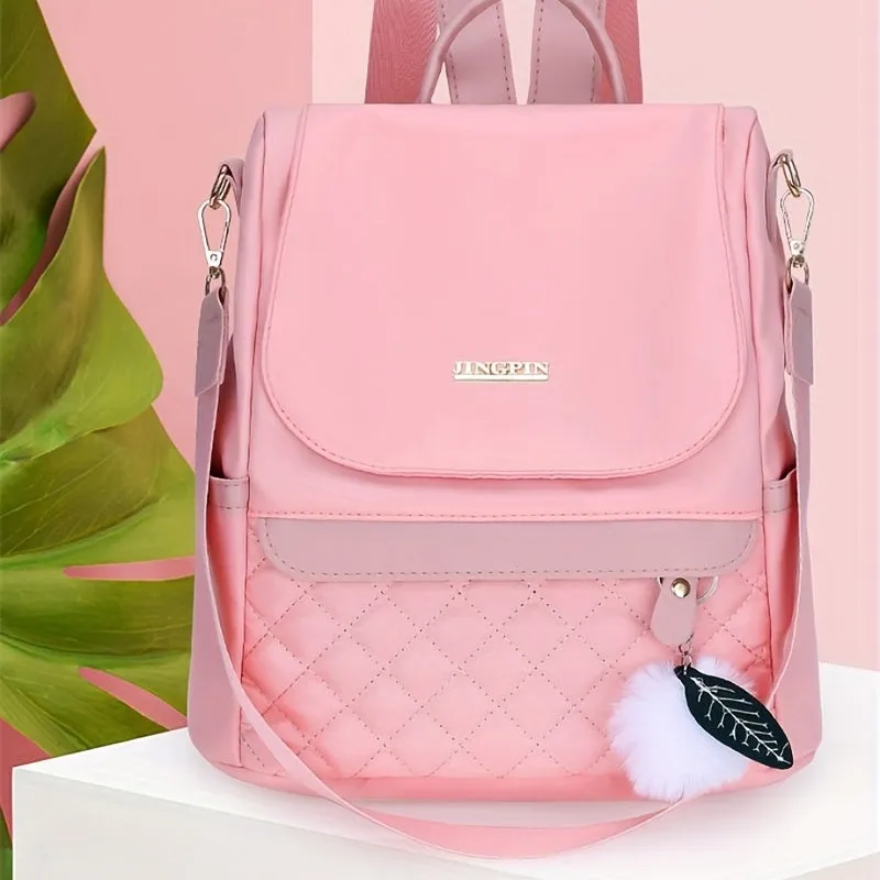 Waterproof Quilted Backpack Purse for Women - Stylish Flap Design with Fun Pompoms, Perfect for Travel & Casual Wear, Spacious Bookbag