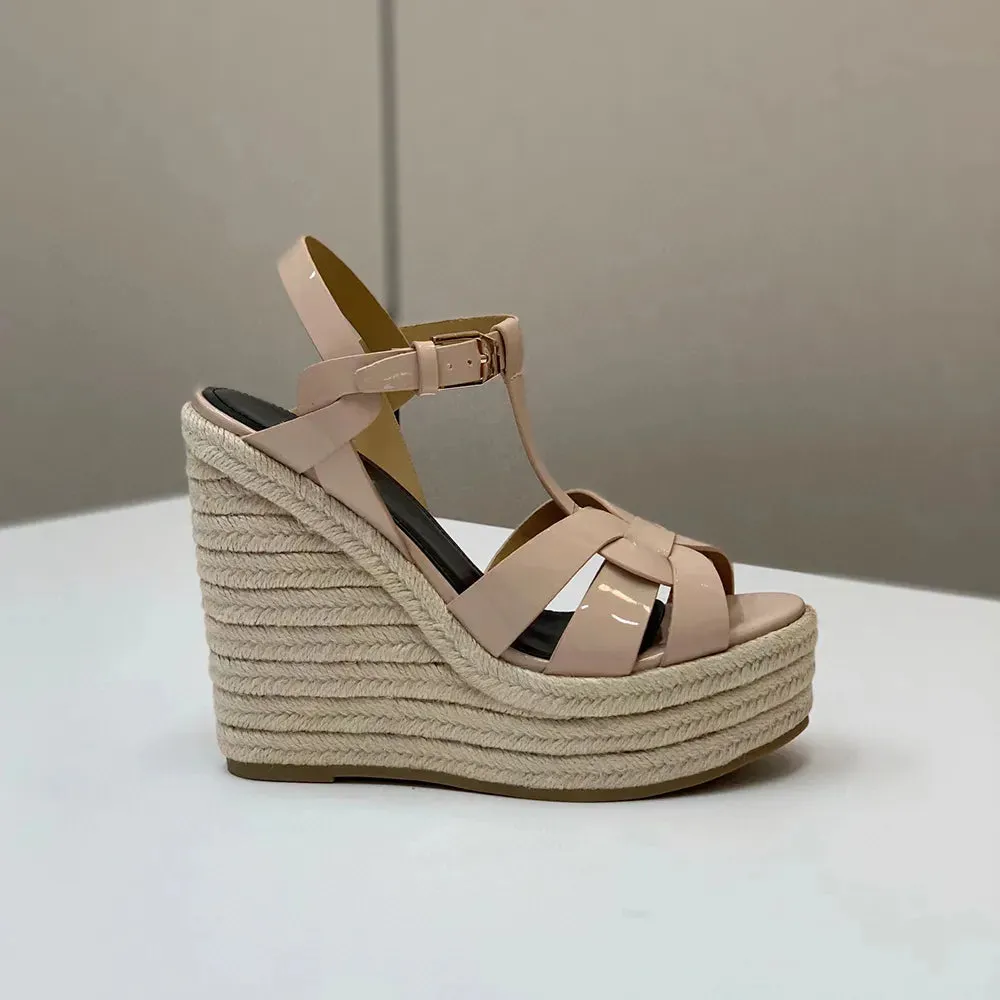 Wedge platform Sandals woven patent leather luxury designers sandal women Tapered Buckle strap super high open toes luxury designer shoes factory footwear 13CM