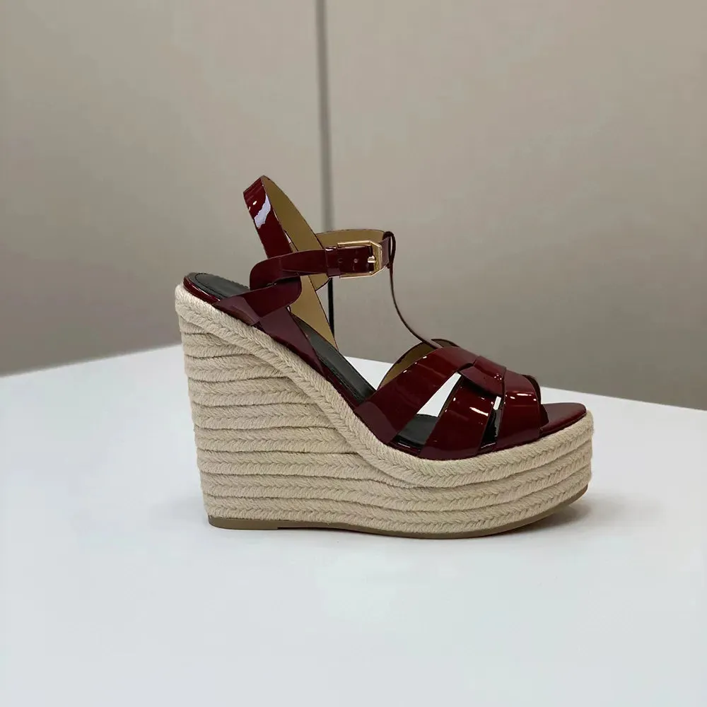 Wedge platform Sandals woven patent leather luxury designers sandal women Tapered Buckle strap super high open toes luxury designer shoes factory footwear 13CM