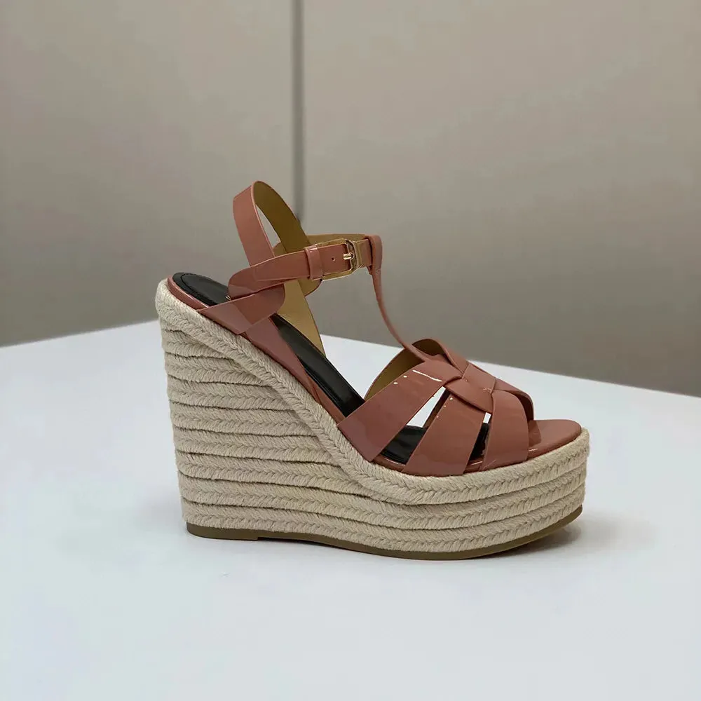 Wedge platform Sandals woven patent leather luxury designers sandal women Tapered Buckle strap super high open toes luxury designer shoes factory footwear 13CM