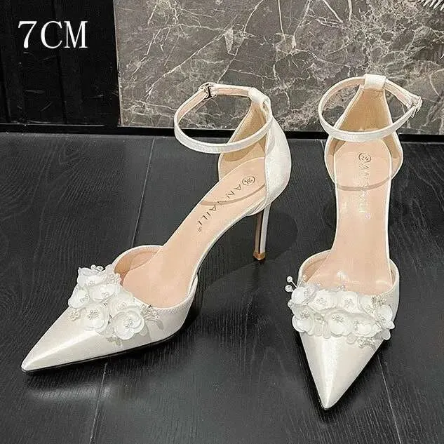 Women New Satin White Flower High Heels Wedding Bridal Shoes Fashion Pumps Kq8