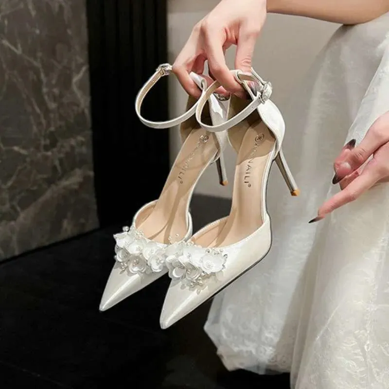 Women New Satin White Flower High Heels Wedding Bridal Shoes Fashion Pumps Kq8