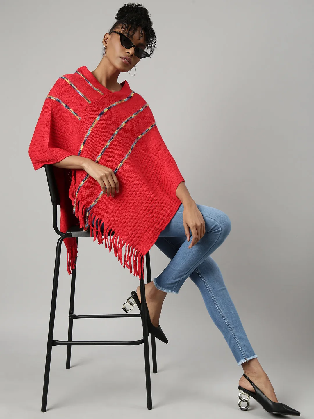 Women Striped Red Longline Poncho