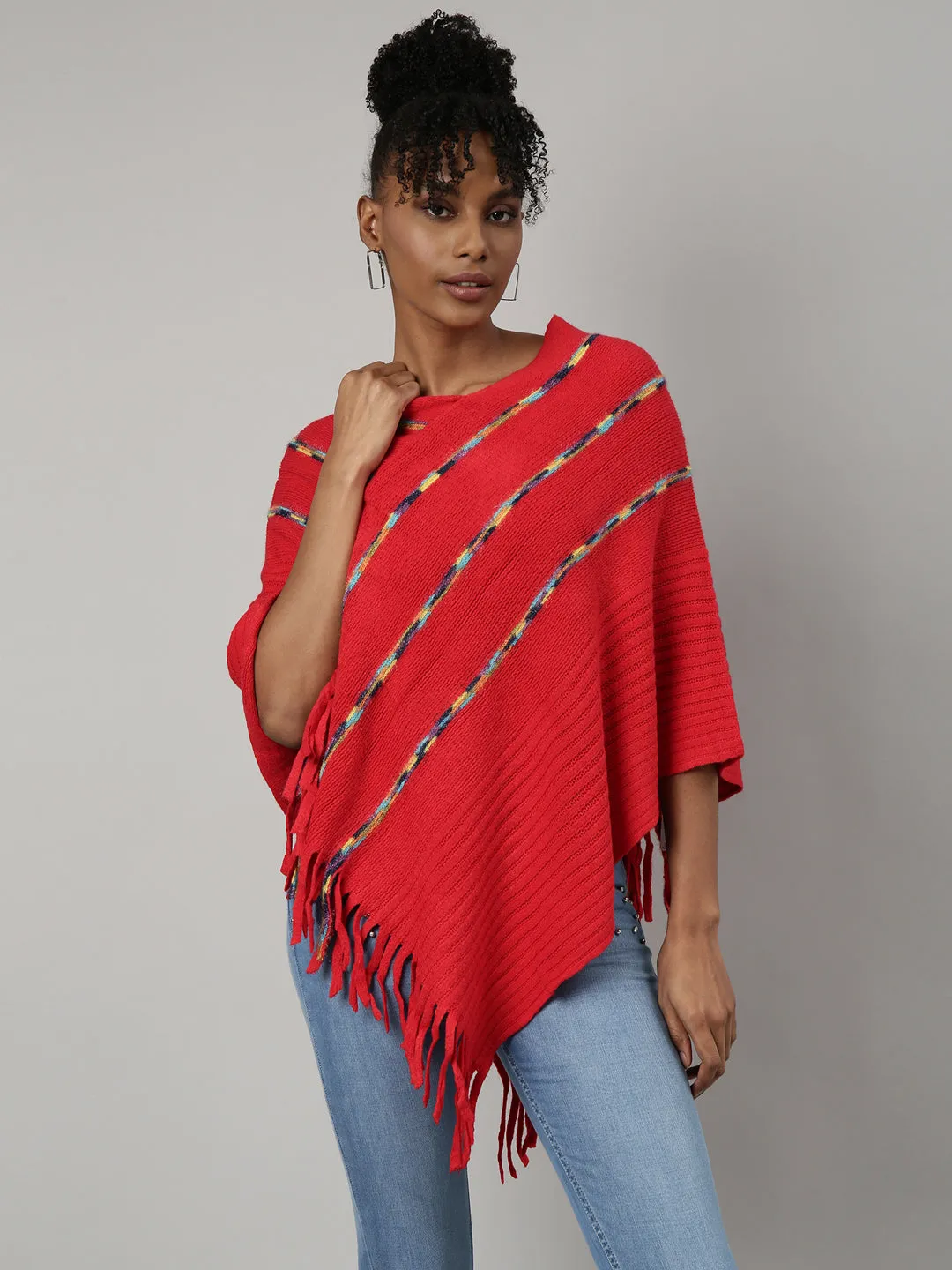 Women Striped Red Longline Poncho