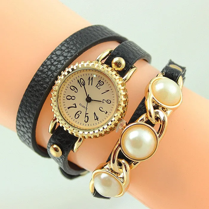 Women Trendy Wrap Leather Wristwatch New Fashion Casual Quartz Watch ladies Dress Watch with pearl High quality clock hours