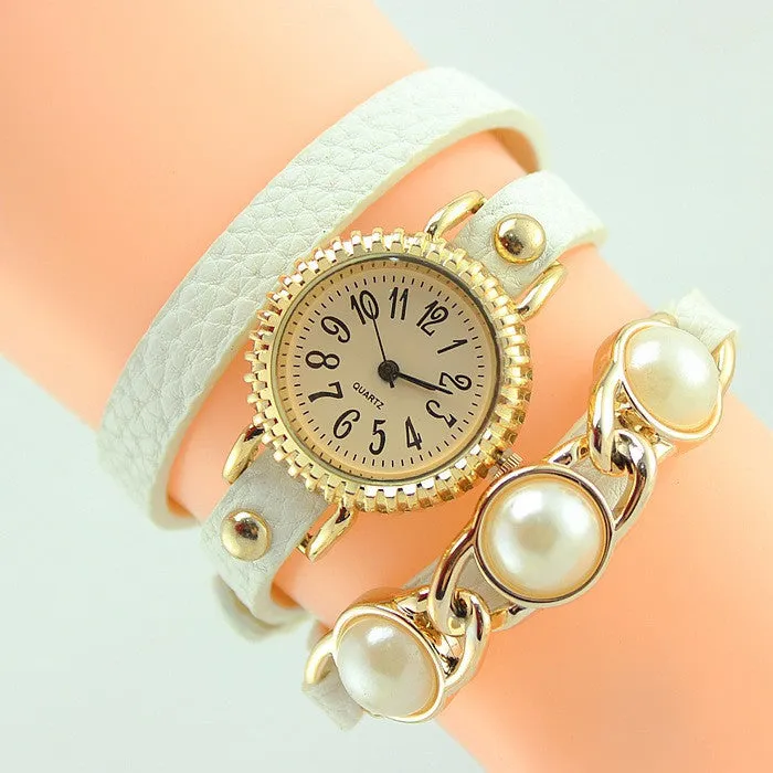 Women Trendy Wrap Leather Wristwatch New Fashion Casual Quartz Watch ladies Dress Watch with pearl High quality clock hours