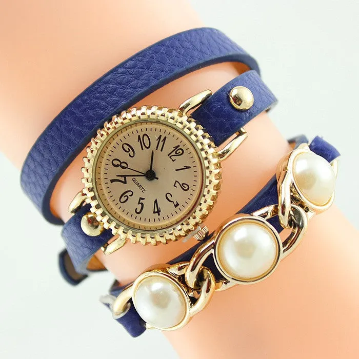 Women Trendy Wrap Leather Wristwatch New Fashion Casual Quartz Watch ladies Dress Watch with pearl High quality clock hours