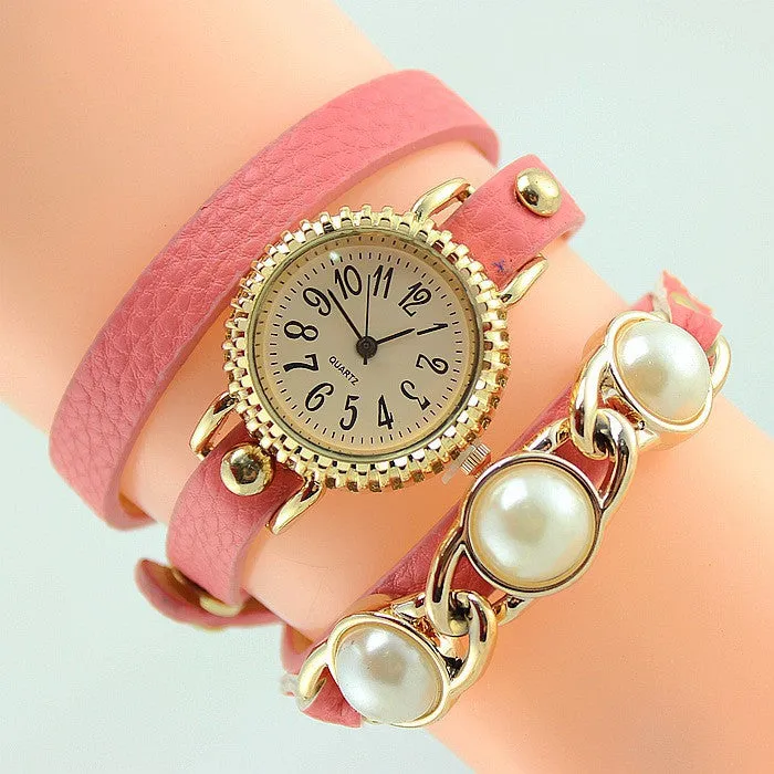 Women Trendy Wrap Leather Wristwatch New Fashion Casual Quartz Watch ladies Dress Watch with pearl High quality clock hours