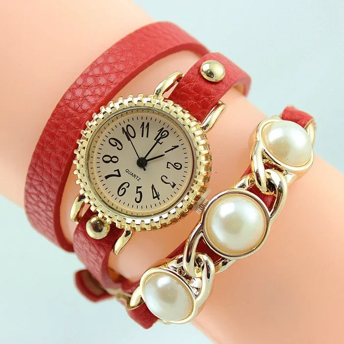 Women Trendy Wrap Leather Wristwatch New Fashion Casual Quartz Watch ladies Dress Watch with pearl High quality clock hours