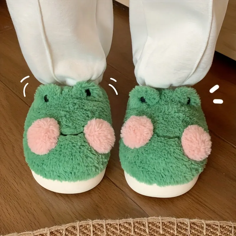 Womens Adorable Frog-Shaped Slippers - Ultra-Soft Warm & Cozy Indoor Shoes - Fluffy Closed Toe Design with Quiet Anti-Slip Soles