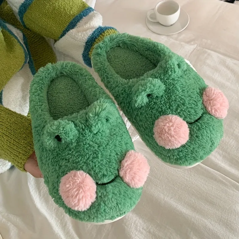 Womens Adorable Frog-Shaped Slippers - Ultra-Soft Warm & Cozy Indoor Shoes - Fluffy Closed Toe Design with Quiet Anti-Slip Soles