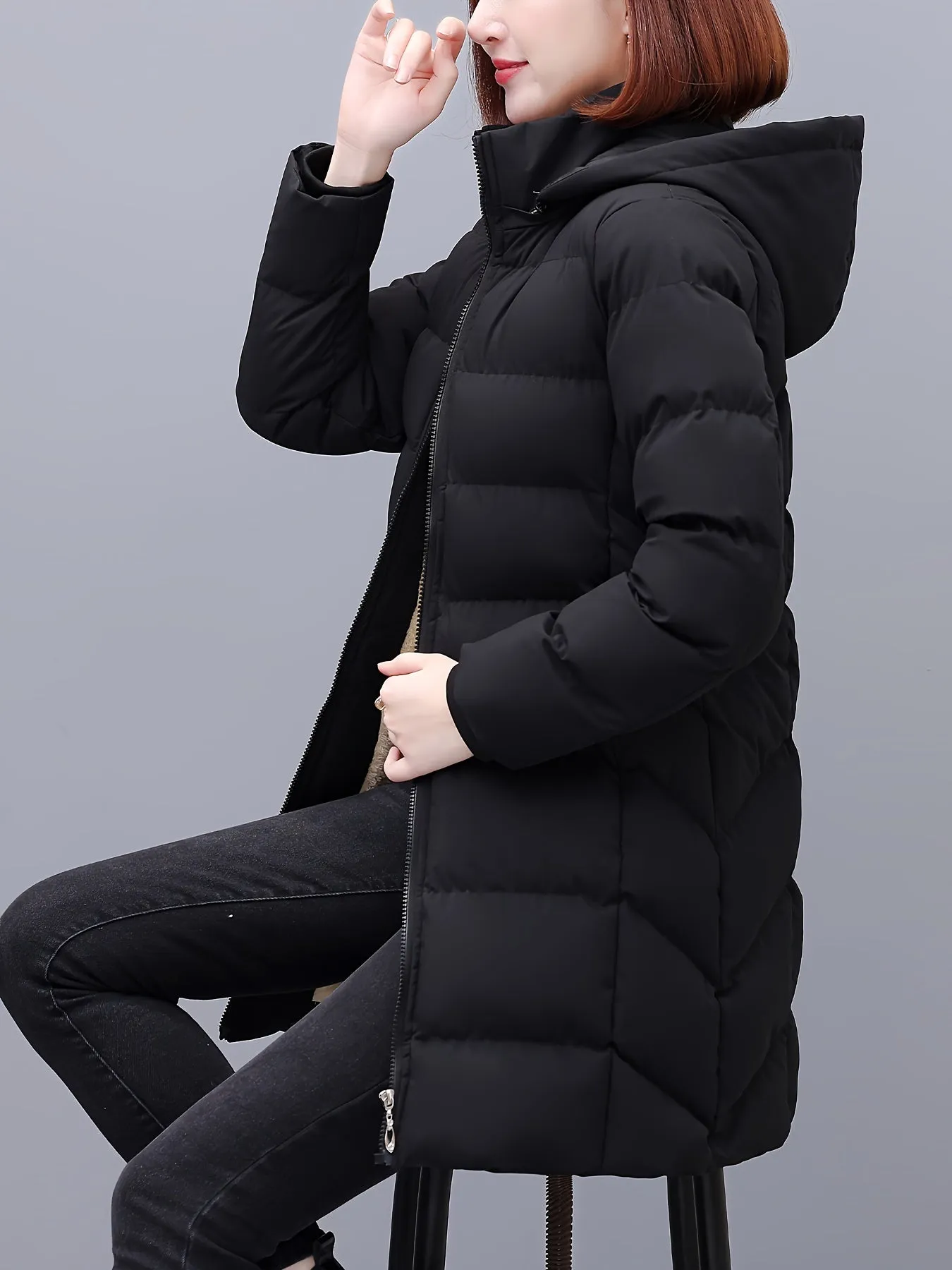 Women's Casual Mid-Length Jacket, Polyester Winter Coat with Hood, Solid Color, Zippered Front, Long Sleeve, Non-Waterproof, Woven, Asymmetrical Hem, No Belt - Autumn/Winter Collection