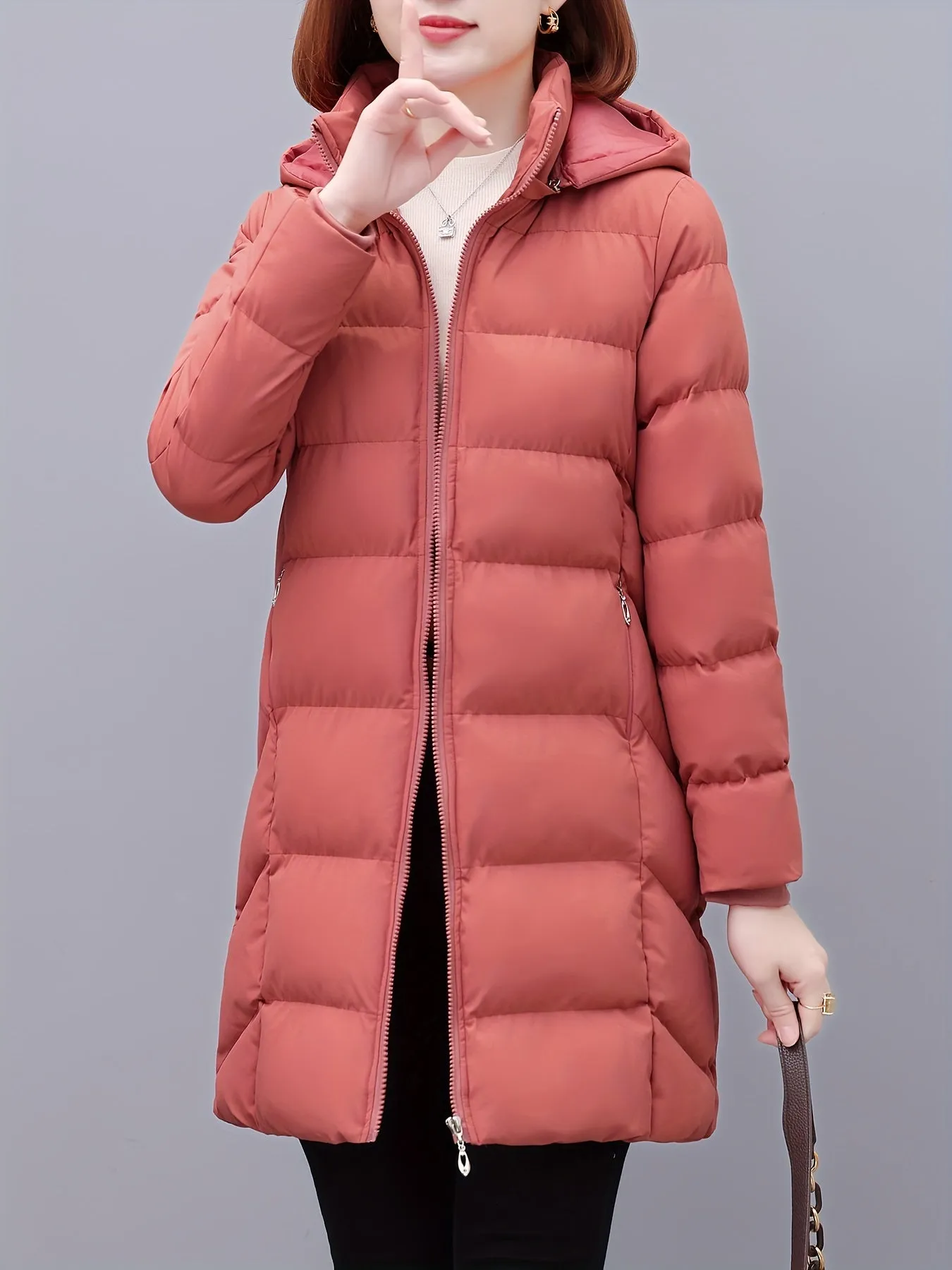 Women's Casual Mid-Length Jacket, Polyester Winter Coat with Hood, Solid Color, Zippered Front, Long Sleeve, Non-Waterproof, Woven, Asymmetrical Hem, No Belt - Autumn/Winter Collection