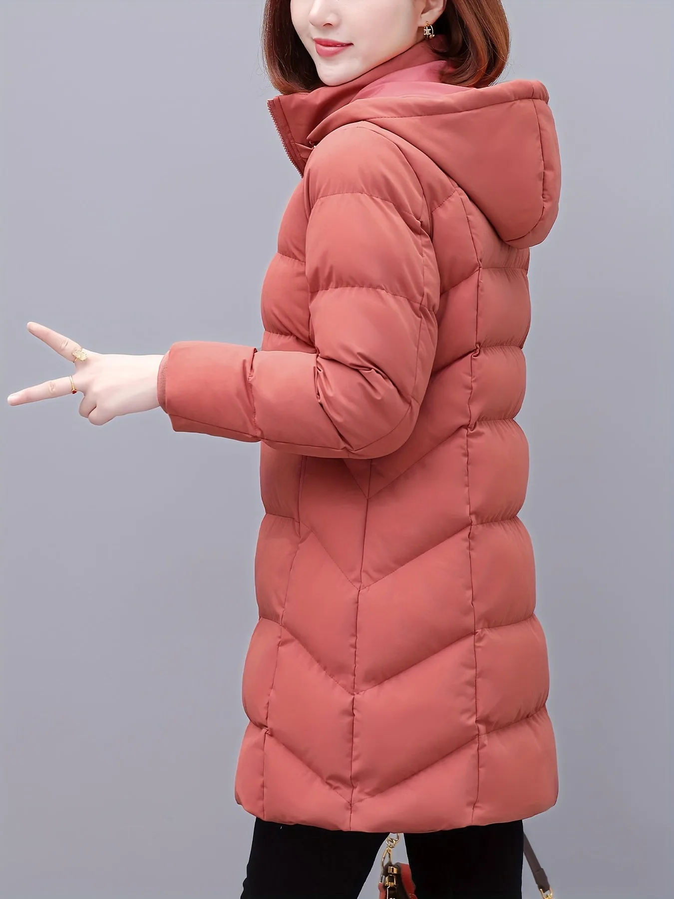 Women's Casual Mid-Length Jacket, Polyester Winter Coat with Hood, Solid Color, Zippered Front, Long Sleeve, Non-Waterproof, Woven, Asymmetrical Hem, No Belt - Autumn/Winter Collection