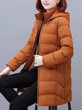 Women's Casual Mid-Length Jacket, Polyester Winter Coat with Hood, Solid Color, Zippered Front, Long Sleeve, Non-Waterproof, Woven, Asymmetrical Hem, No Belt - Autumn/Winter Collection