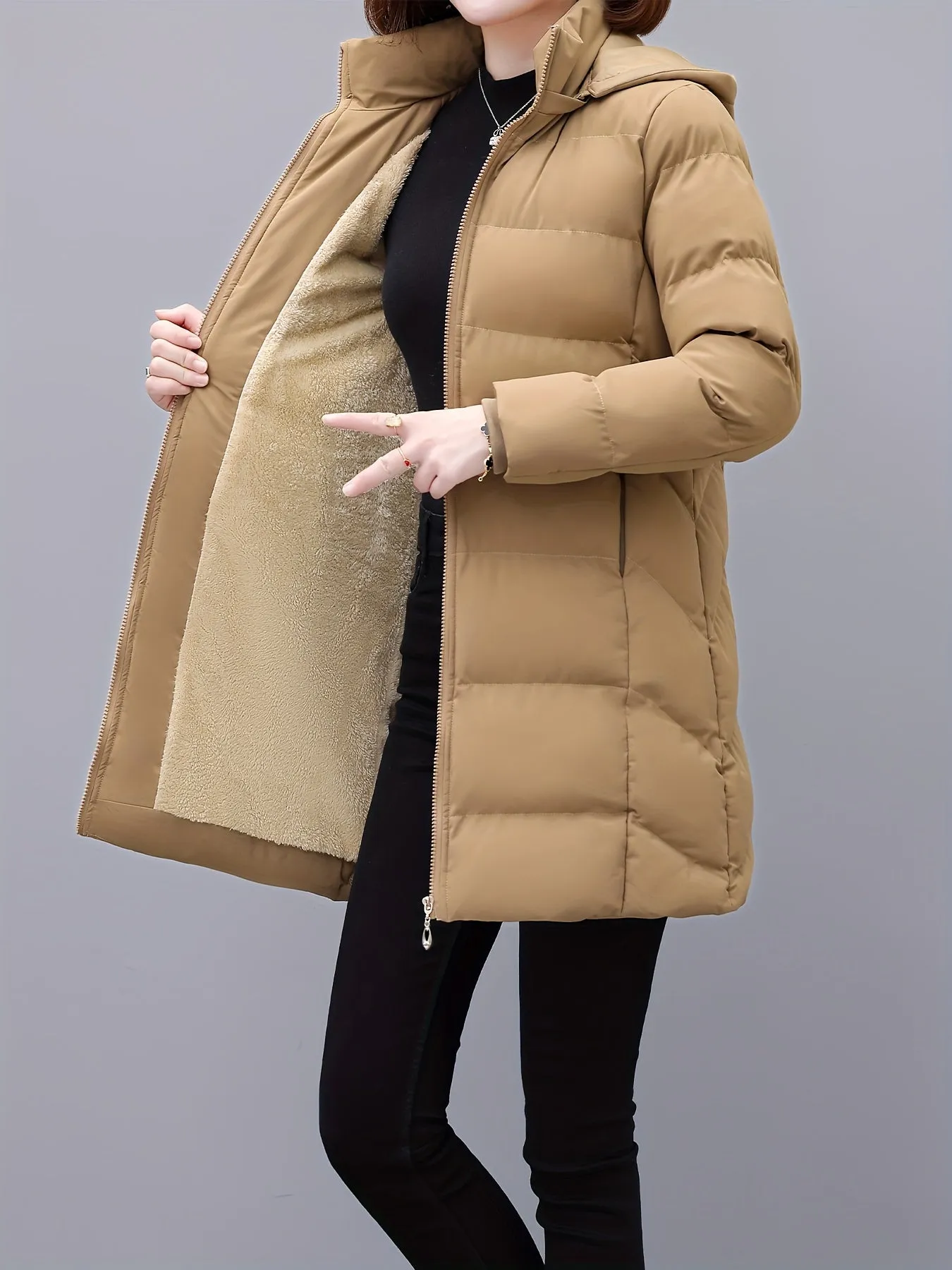 Women's Casual Mid-Length Jacket, Polyester Winter Coat with Hood, Solid Color, Zippered Front, Long Sleeve, Non-Waterproof, Woven, Asymmetrical Hem, No Belt - Autumn/Winter Collection