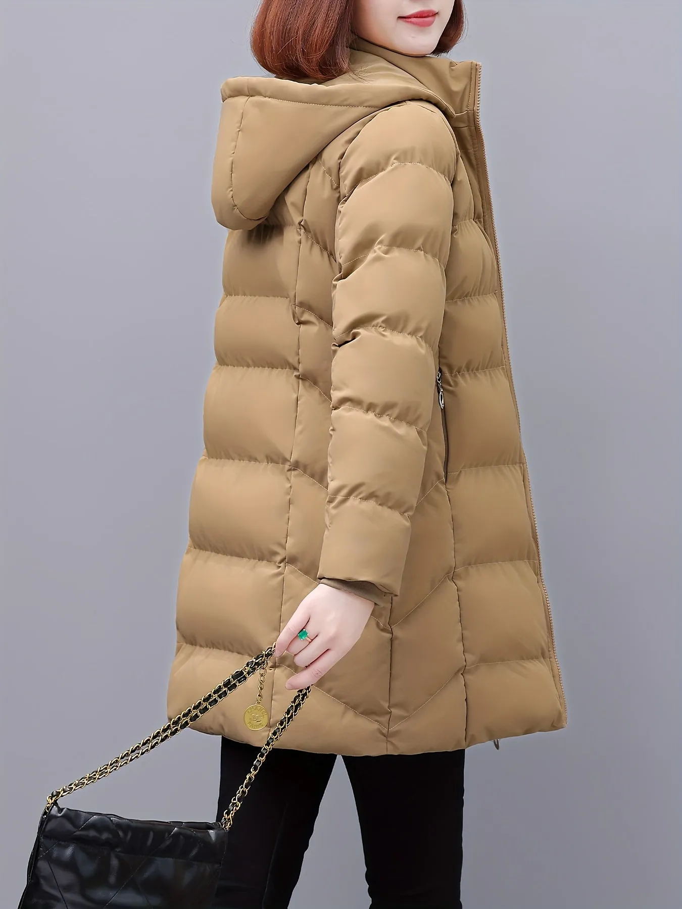 Women's Casual Mid-Length Jacket, Polyester Winter Coat with Hood, Solid Color, Zippered Front, Long Sleeve, Non-Waterproof, Woven, Asymmetrical Hem, No Belt - Autumn/Winter Collection